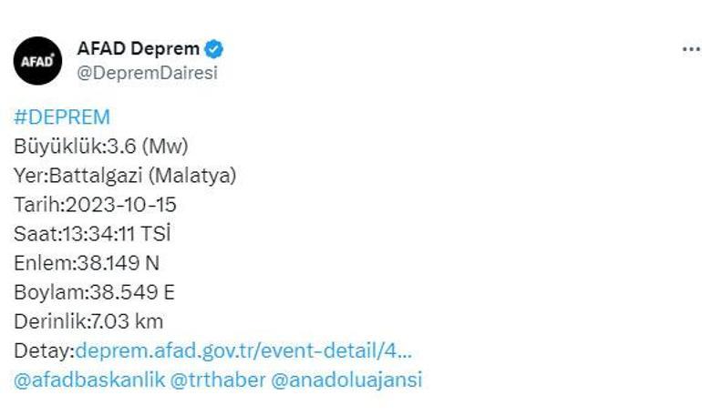 Son dakika... Malatya'da 3.6 büyüklüğünde deprem!