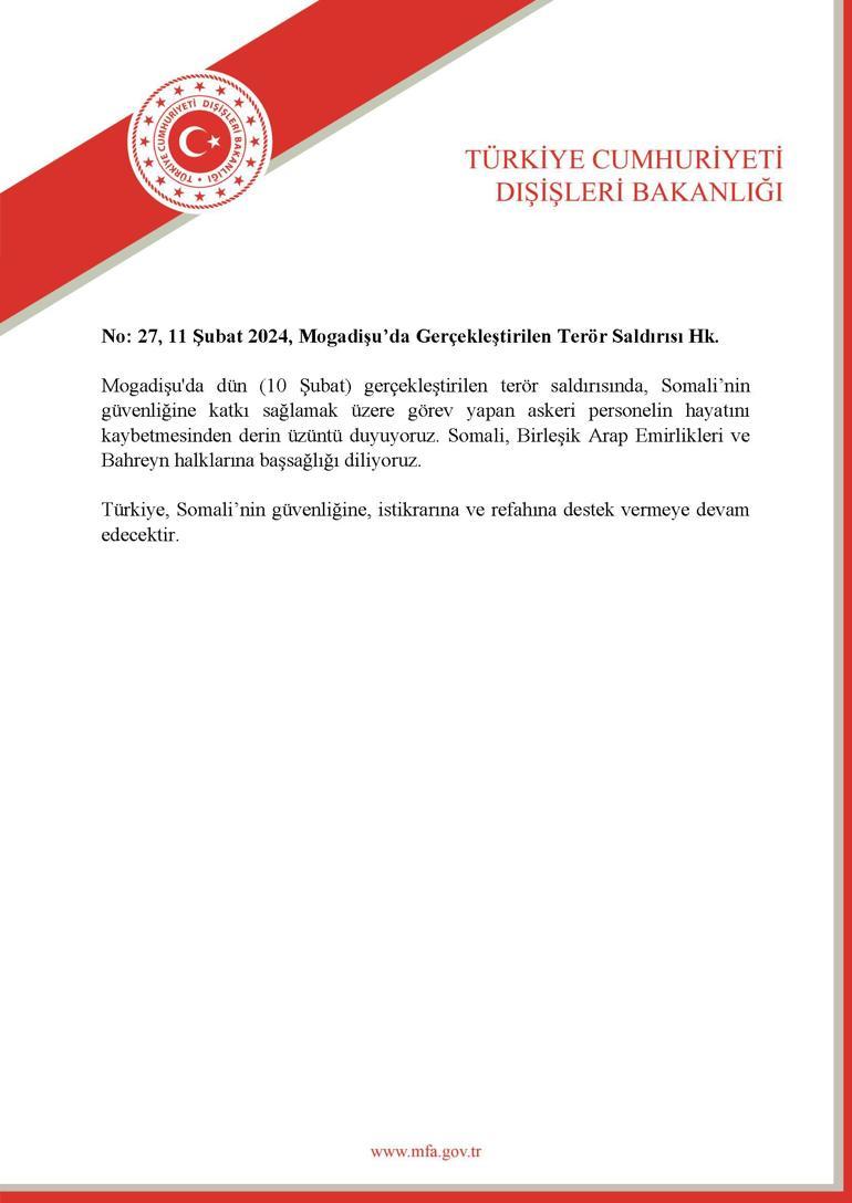 Dışişleri Bakanlığı Mogadişu’daki terör saldırısını kınadı