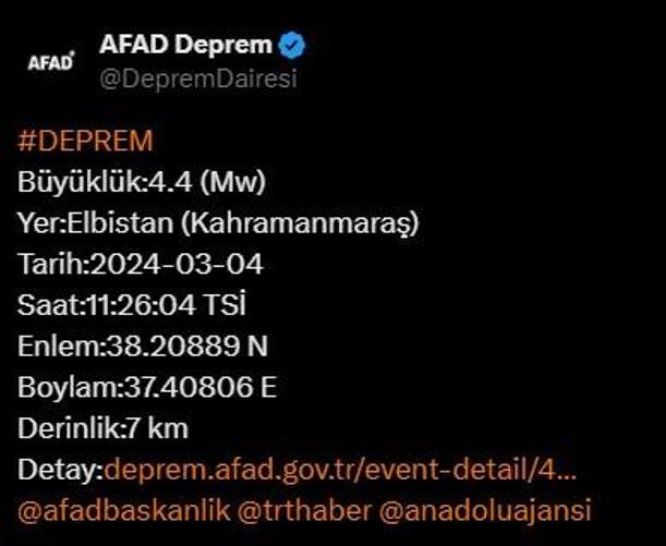 Kahramanmaraş'ta 4.4 büyüklüğünde deprem