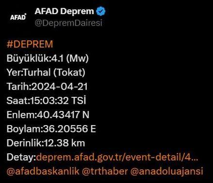 Tokat'ta 4.1 büyüklüğünde deprem! AFAD ve Kandilli'den peş peşe açıklamalar